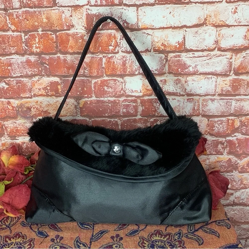 Satin Black Faux Fur Trimmed Retro Rhinestone bow Accented Clutch